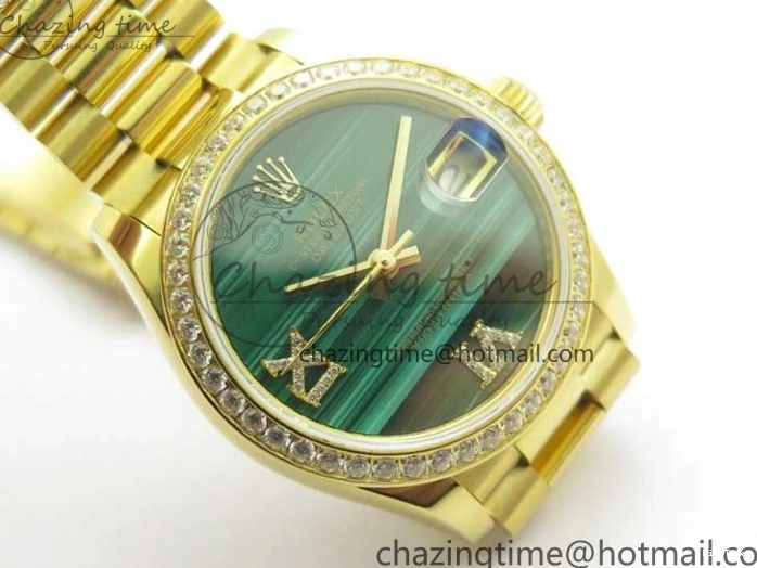 MiroTime 0408 Versatile Daydate 278288 31mm YG EWF Best Edition Green Malachite Dial Crystal Markers on YG President Bracelet ETA 2606